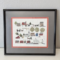 A New England Primitive Olde Seaport Village Cross Stitch Framed 17”x15”