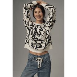 MAEVE Anthropologie White Black Doodle Heart Printed Loungewear Pullover Sweater