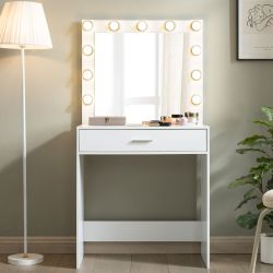 Vanity Desk with Mirror and Lights, Dressing Table with Large Drawer, 1 Level Storage Dresser & 3 Lighting Modes Adjustable Brightness, Suitable for B