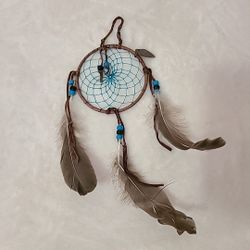 Small Dream Catcher – Brown Suede with Turquoise Stones and Feathers