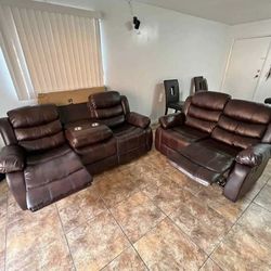 brown leather recliner sofa and loveseat