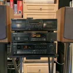 Pioneer Stereo system | Receiver, 6 Disc CD Changer AND Dual Cassette Deck! Oak Bic Venturi Speakers/stands