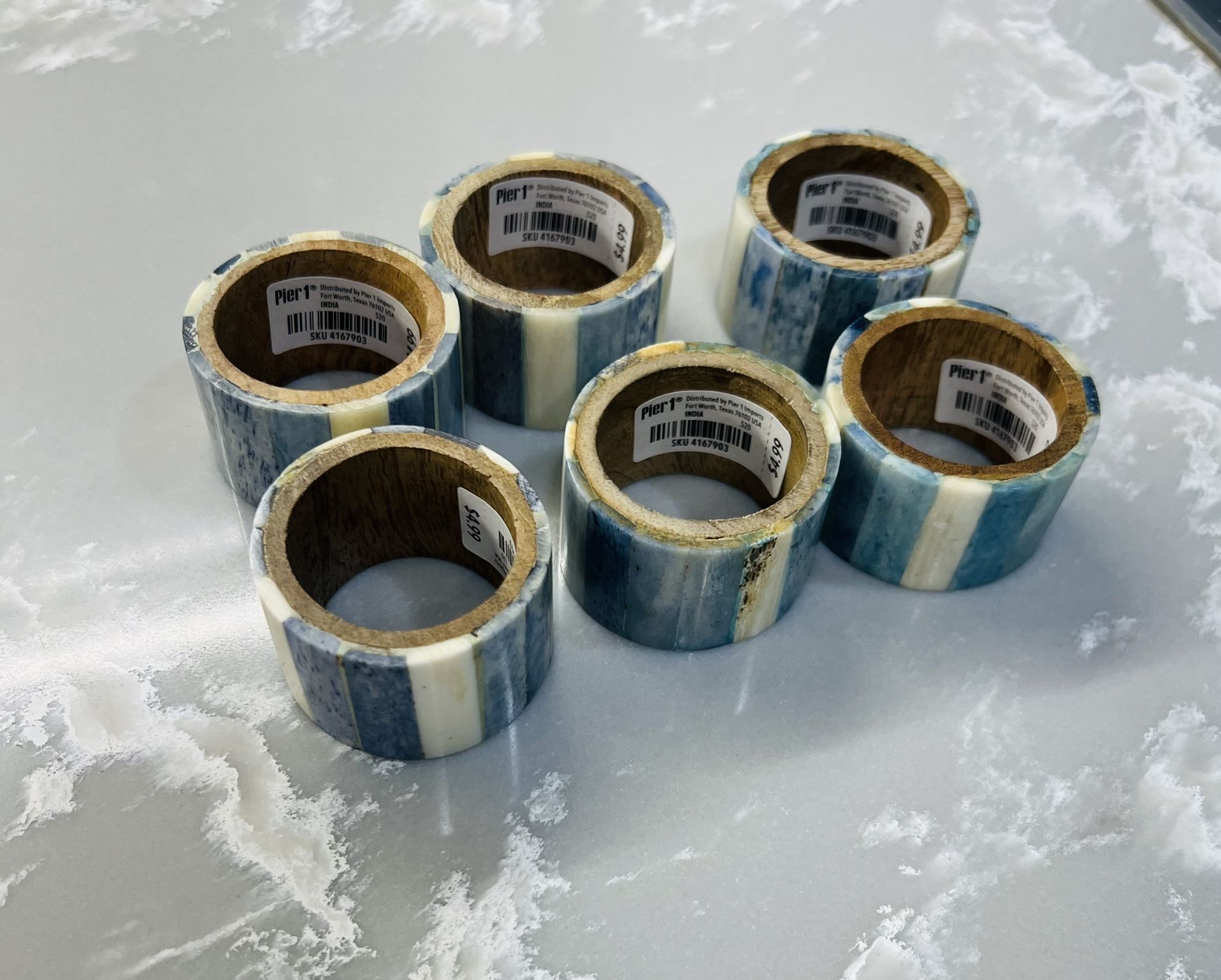Never used 6 pc Pier Imports Nautical blue & white napkin rings