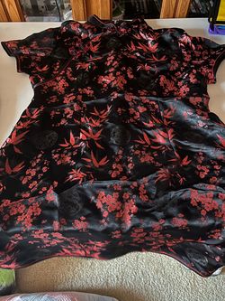 Black Red Floral Satin Cheongsam Dress