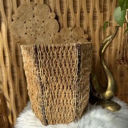 Vintage Woven Grass Geometric Planter Pot Wastebasket Boho Braided Detail Texture Organic Coastal 