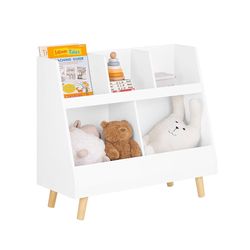 1293B Kids Bookshelf with 5 Open Compartments White Children's Bookcase & Toy Storage Organizer, Solid Wood Legs, Sturdy Shelving Unit for Bedroom or 