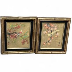 1960s Original FABULOUS Watercolor Painting Cork Paper Bird & Flowers FRAMED
