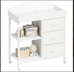 Baby Changing Table,Waterproof Diaper pad & Safety Strap, Mobile wheels, Baby Dresser with Changing Table Top, Nursery