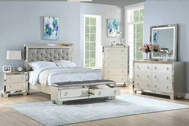 Brand new mirrored queen storage bed frame + dresser + mirror + nightstand