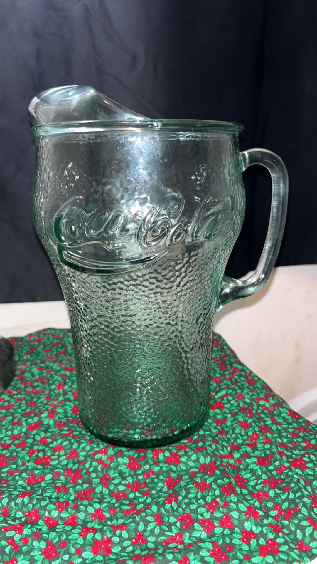 Vintage Coca- Cola 64 Ounce Green Pebbled Glass Pitcher