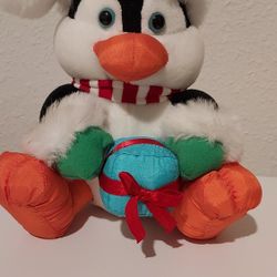 Vintage Christmas Stuffins Penguin Parachute Hat Scarf Present 1994 8" White Fur