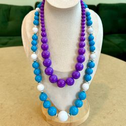 🟣 Fun vintage chunky turquoise blue & white or purple beaded necklaces - both for $7!