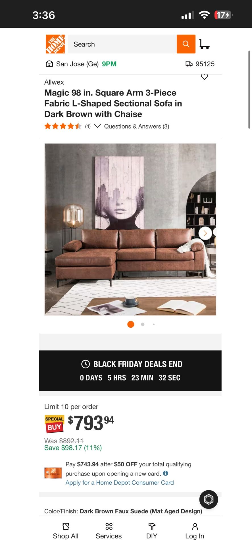 Allwex Magic 98 in. Square Arm 3-Piece Fabric L-Shaped Sectional Sofa in Dark Brown with Chaise