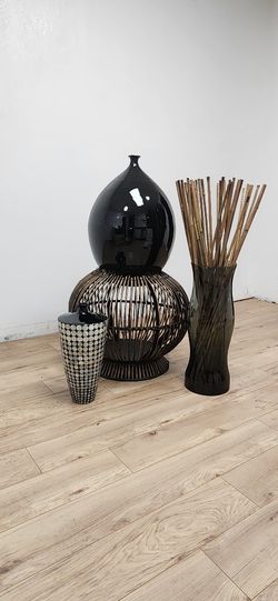 Glass, Bamboo, And Ceramic Vases 