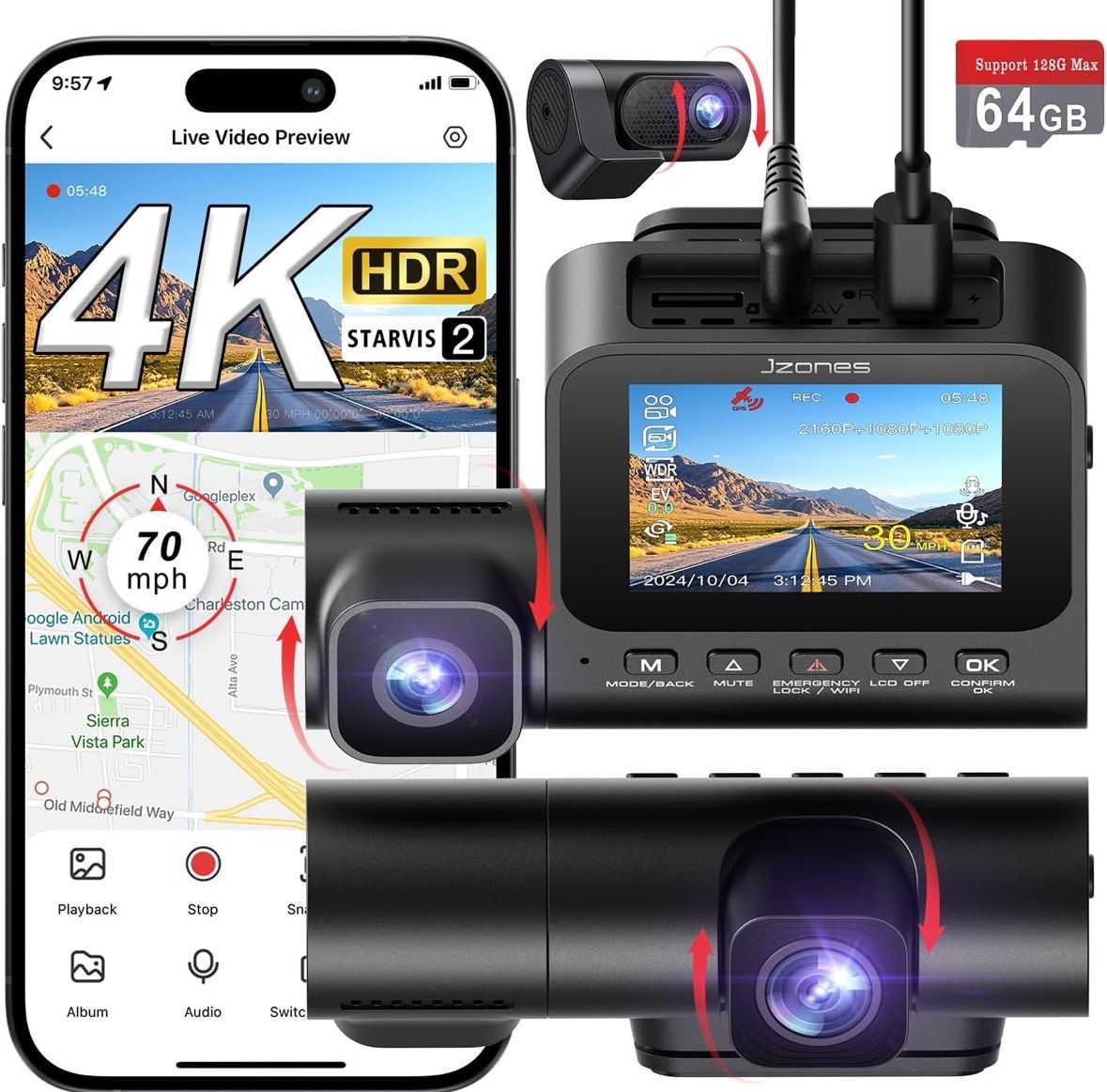3 Channel 4K Dash Cam, Dash Camera for Cars with Starvis 2 HDR Night Vision, 4K+ 1080P+1080P Front Inside and Rear Triple Car Camera, GPS, 24-Hour Par