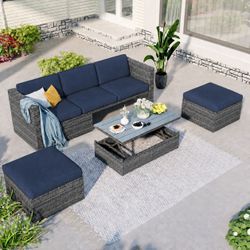 Outdoor Patio Gray Rattan Sectional Sofa (Blue Cushions) w/ Adjustable Backrest / 2 Ottomans / Lift-top Table [NEW] **Retails for $800  <NO Assembly>