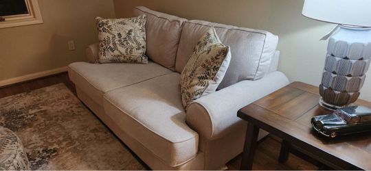 Beige Fabric three-Seat Sofa with Throw Pillows and love seat