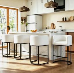 26" H Counter Height Bar Stools Set of 4, Modern Barrel Counter Stools with Backrest and Arms, Linen Fabric Upholstered Accent Barstools for Kitchen I
