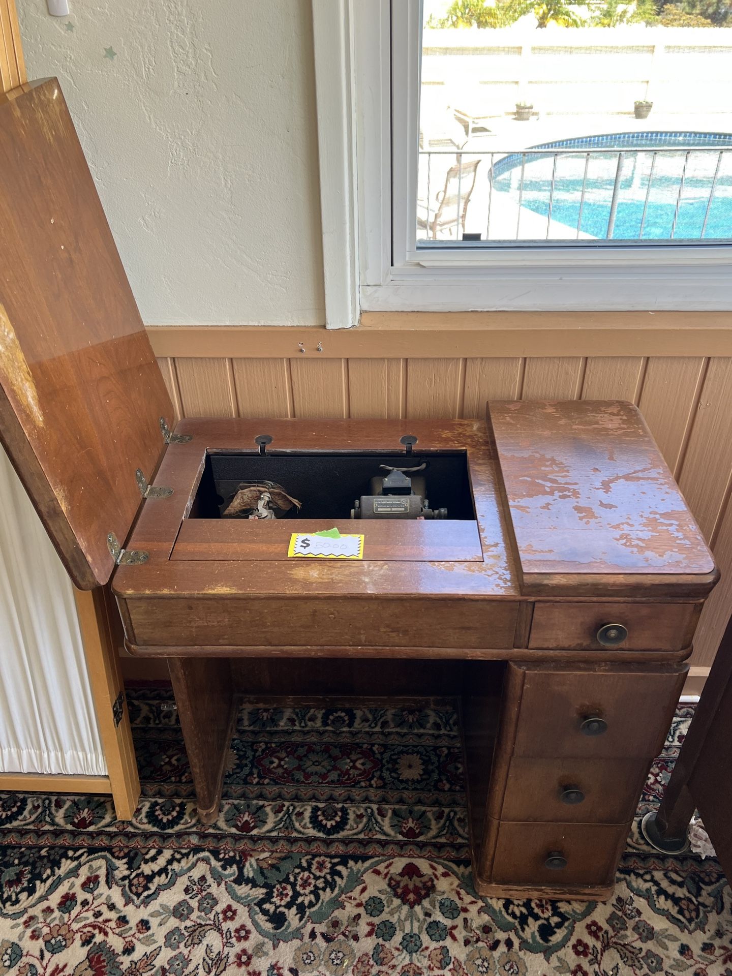 Antique Sewing Machine And Table