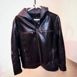 Black Leather Jacket With Hood Size M