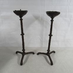 Brutalist Folk Art Candle Holders Solid Brass Bronze Tone Finish 12"
