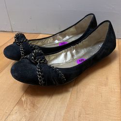 Black Suede Chain Bow Ballet Flats