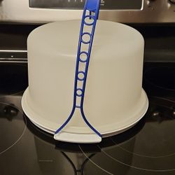 Vintage Tupperware 10" Cake Carrier White Speckled Base 684 Lid 683 Blue Handle