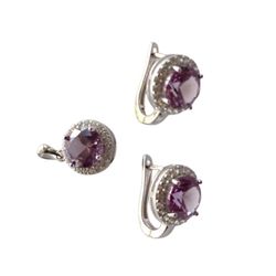 925 Sterling Silver Created Alexandrite Sapphire Jewelry Set Incl Pendant And Earrings 