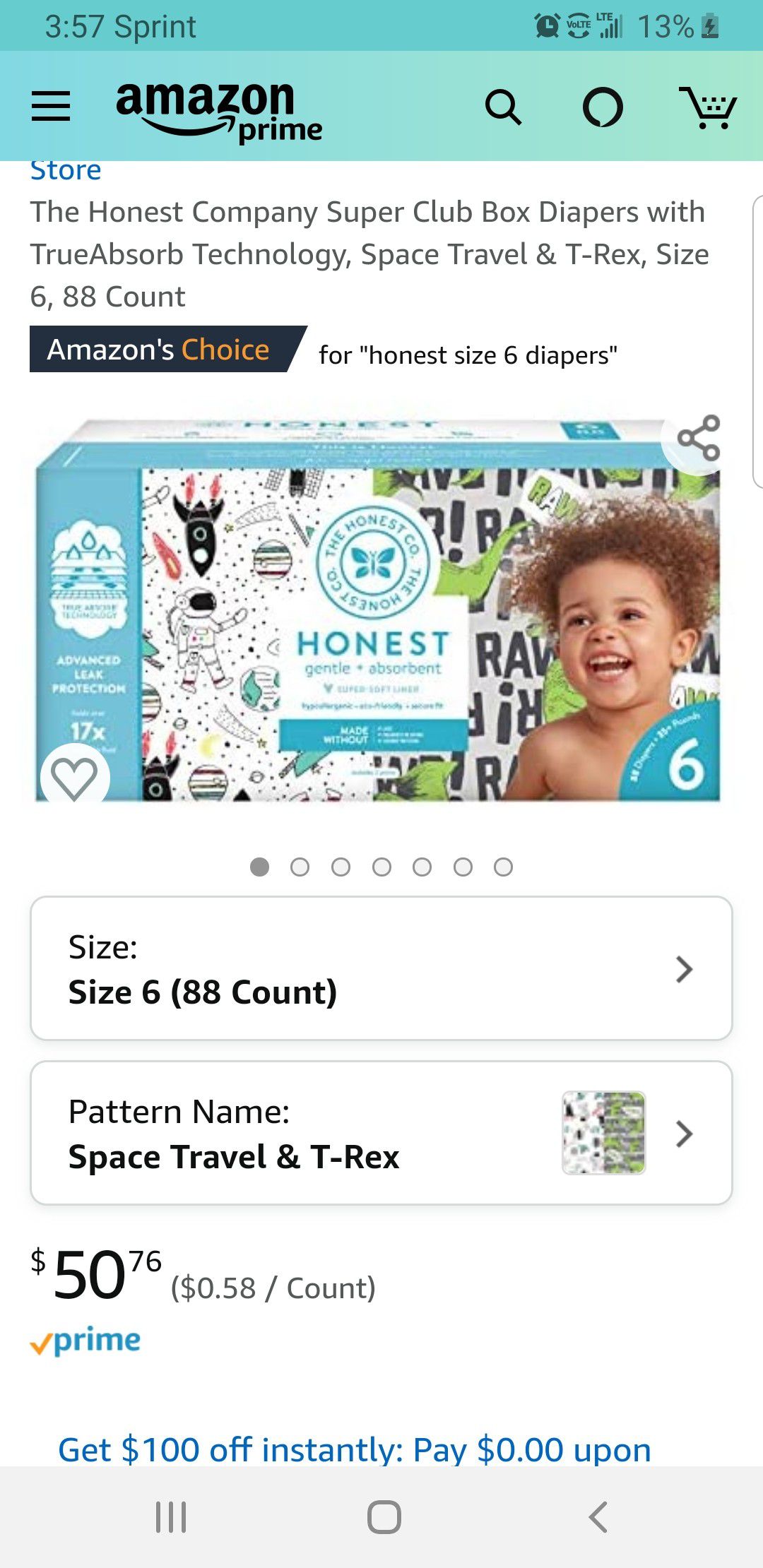 The Honest Company Super Club Box Diapers with TrueAbsorb Technology, Space Travel & T-Rex, Size 6, 88 Count