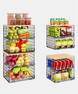 4 Pack Stackable Wire Baskets for Pantry Organizers and Storage, Pantry Baskets with Fixed Wooden Top, Fruit and Vegetable Storage Bins Reg. List $45.