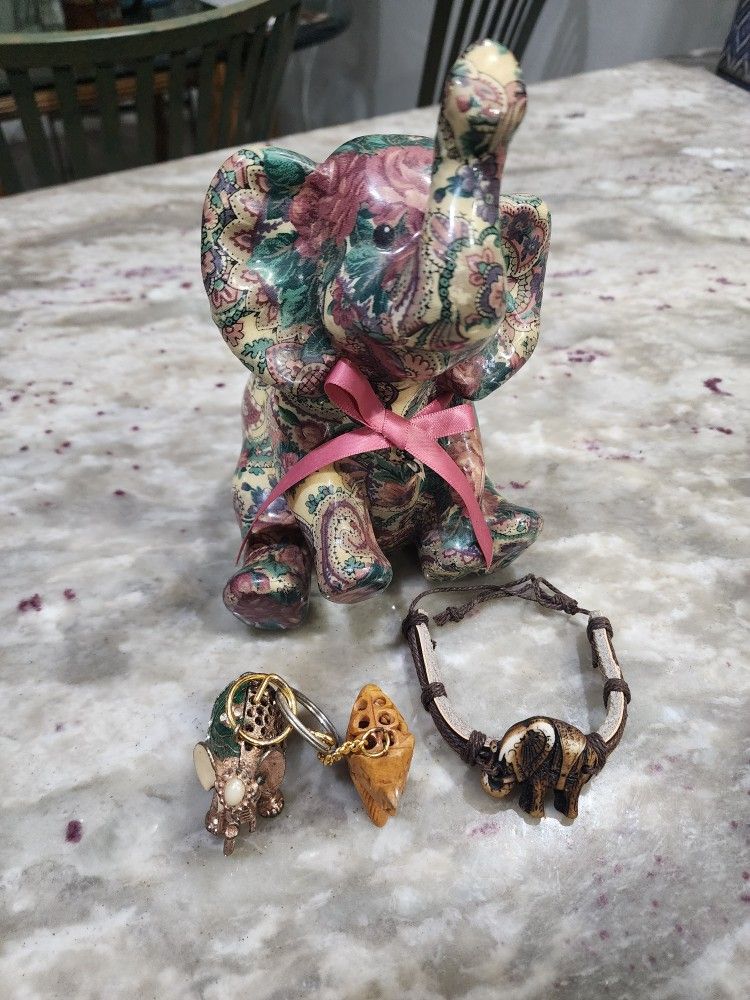 Sitting Elephant Trunk Up Figurine, Flora Patchwork Ceramic