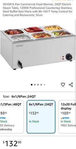 VEVOR 6-Pan Commercial Food Warmer, 24QT Electric Steam Table, 1200W Professional Countertop Stainless Steel Buffet Bain Marie with 86-185°F Temp Cont