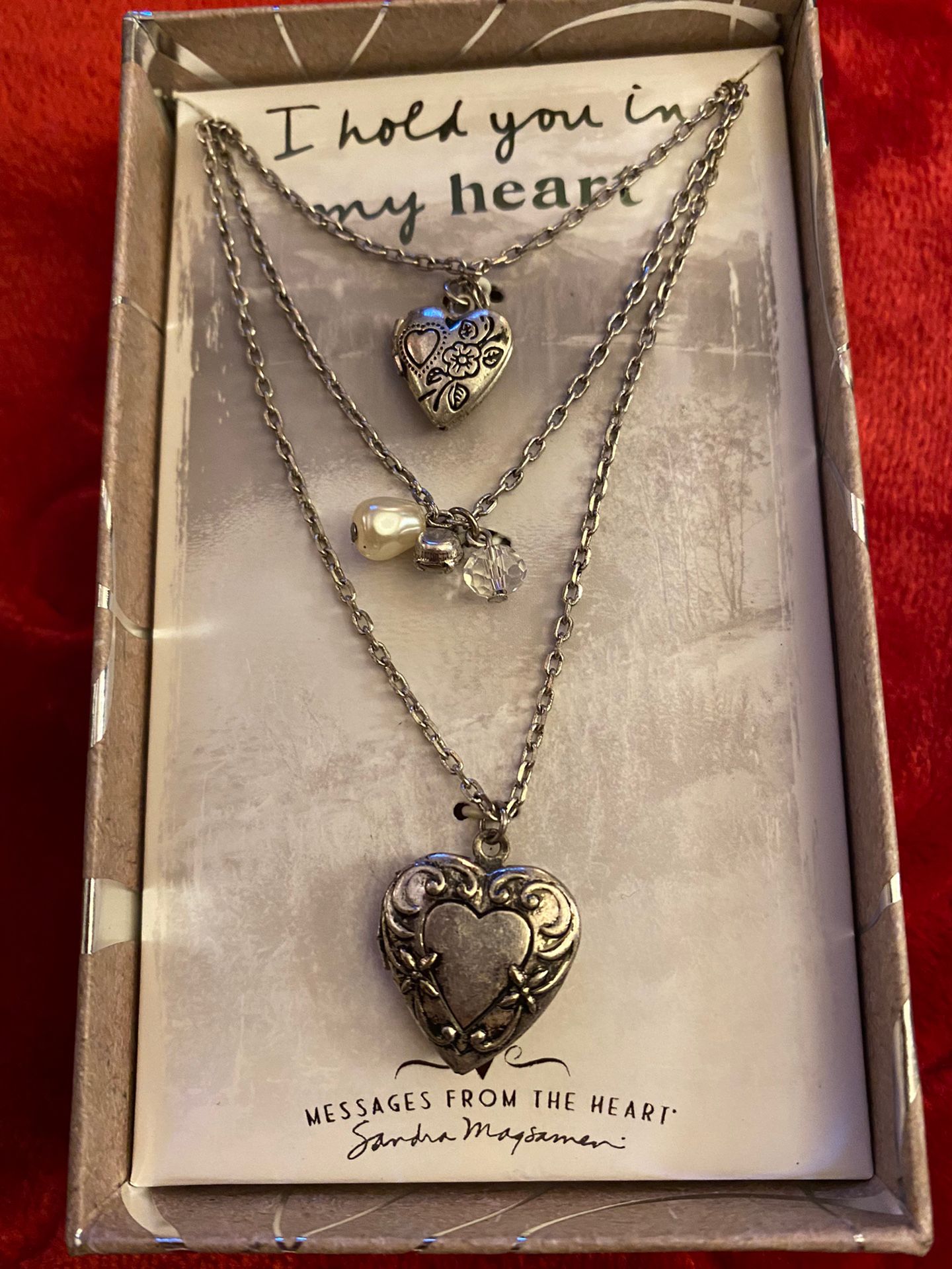 “Messages From The Heart” By, Sandra Magsaman Triple Silver Necklace With 3 Charms, Including A Heart ❤️ Locket