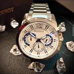 Prodigy “The Playmaker” Quartz Chronograph Date White/Blue Dial Watch, READ DESC