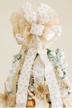 🆕 in 📦 Christmas Tree Topper11x27Inches,Large Decorative Bow with Streamer Wired Edgefor Xmas Decorations Home Decor with Packaging Double Slide(Cha
