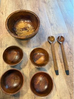 Vintage Mid-century Wood Serving Bowl Set Serving Bowl 4 Salad Bowls Fork Spoon