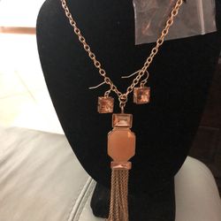 Long Necklace and Earring Set  Peach Lucite Stone