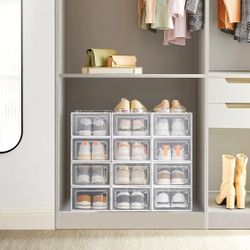 Shoe Boxes, Pack of 12 Shoe Storage Organizers, Stackable Clear Plastic Boxes for Closet, Sneakers, 13.1 x 9.1 x 5.6 Inches, Transparent and White ULS