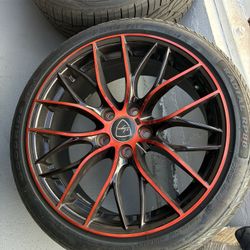 ELEGANCE E010 GLOSS BLACK W/ CANDY RED FACE WHEELS , TIRES GOOD THREAD 18 INCHES , CAME OFF MY LEXUS ASKING $600 OR TRADE FOR A FULL GLOSS BLACK SET 