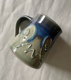 Vintage 12-oz Handmade Blue and Green Drip Glaze Textured Pottery Mug