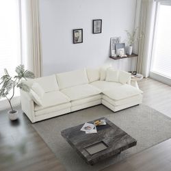 White Modular L-Shaped Chenille Sectional Sofa w/ Ottoman  [NEW IN BOX] **Retails for $1224