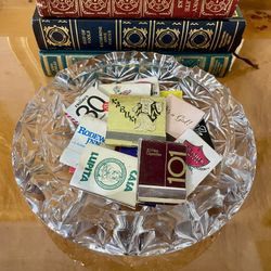 Vintage XL 8” W x 2” H Crystal Ash Tray/Candle Holder/Jewelry Dish (with 15 FREE Assorted Vintage Matchbooks!)