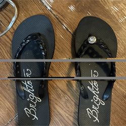 Brighton Women's Black Braided Rhinestone Flip Flop Sandals Flat Casual