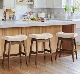 Bar Stools Set of 3, Barstools with Sturdy Wood Legs, Saddle Seat Counter Height Bar Stools for Kitchen Counter, Bar, Dining, 24 Inch Farmhouse Counte