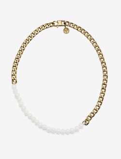 7MM Gold Tone & White Pearl Curb Chain Necklace