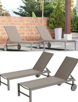 2 PCS Outdoor Chaise Lounges Chair with Wheels Aluminum Reclining Patio Lounge Chairs with 5 Adjustable Position Recliner for Patio, Beach, Yard, Pool