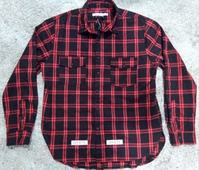 *OFF-WHITE* Men's Virgil Oblah Red Flannel Check Shirt w/ 13 on Back (Size: LARGE)