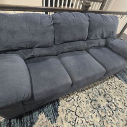 Blue Fabric 3-Seat Sofa and Brown Leather 3-Seat Manual Recliner