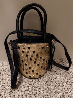 Studded Straw Bucket Bag with Black Handles