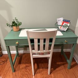 Refinished Custom Sage Green Vintage Floral Writing Desk/Home Office Set